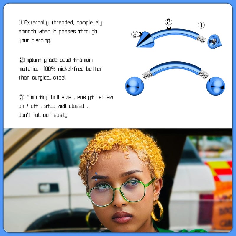 BLISI G23 Solid Titanium Eyebrow Piercing Jewelry, Gokd Black Rose Gold Silver Pink Rainbow Eyebrow Rings 16G Curved Barbell,Tiny Vertical Labret Lip Jewelry Rook Piercing Jewelry for Women and Men - Image 3